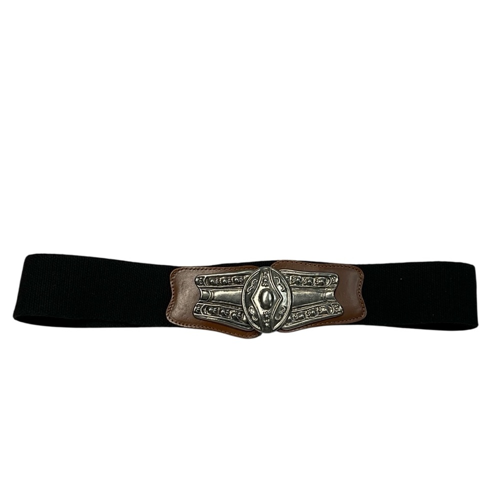 Vintage Omega Women's Black Silver Ornate Buckle Stretch Belt Leather Patch